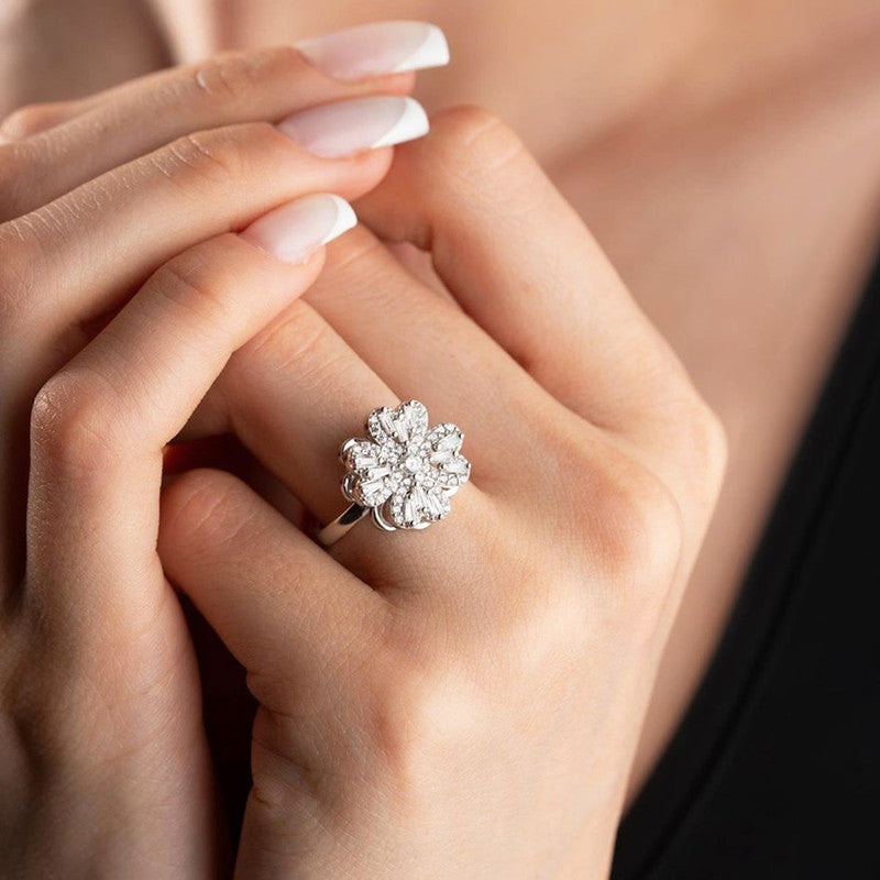 Silver Plated Clover Themed Rotatable Adjustable Ring
