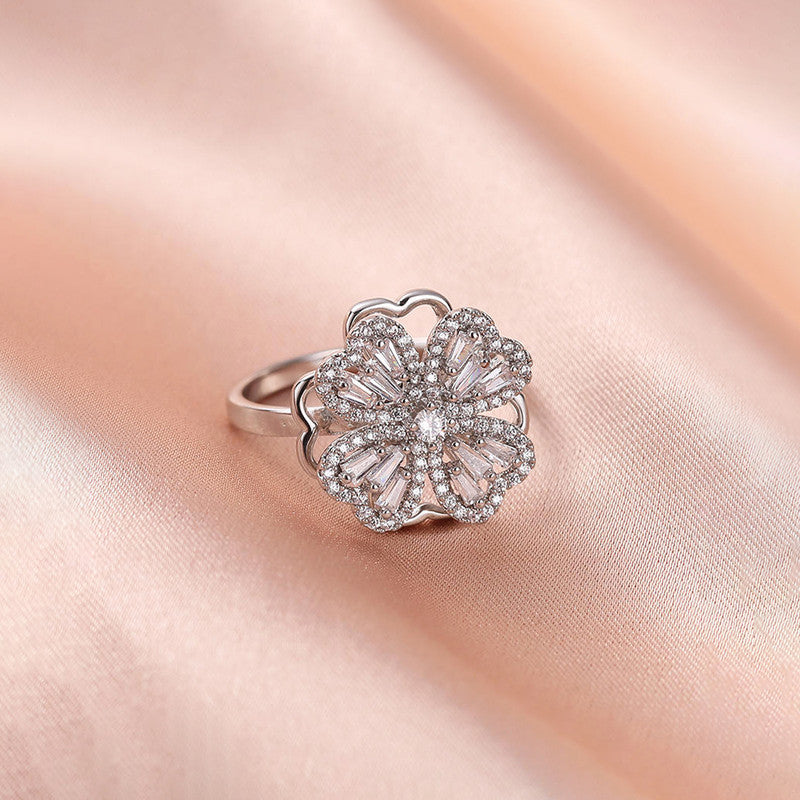 Silver Plated Clover Themed Rotatable Adjustable Ring