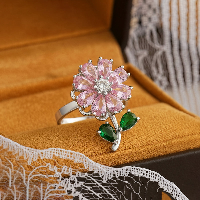 Silver Plated Floral Style Multicolor Rotatable Adjustable Ring