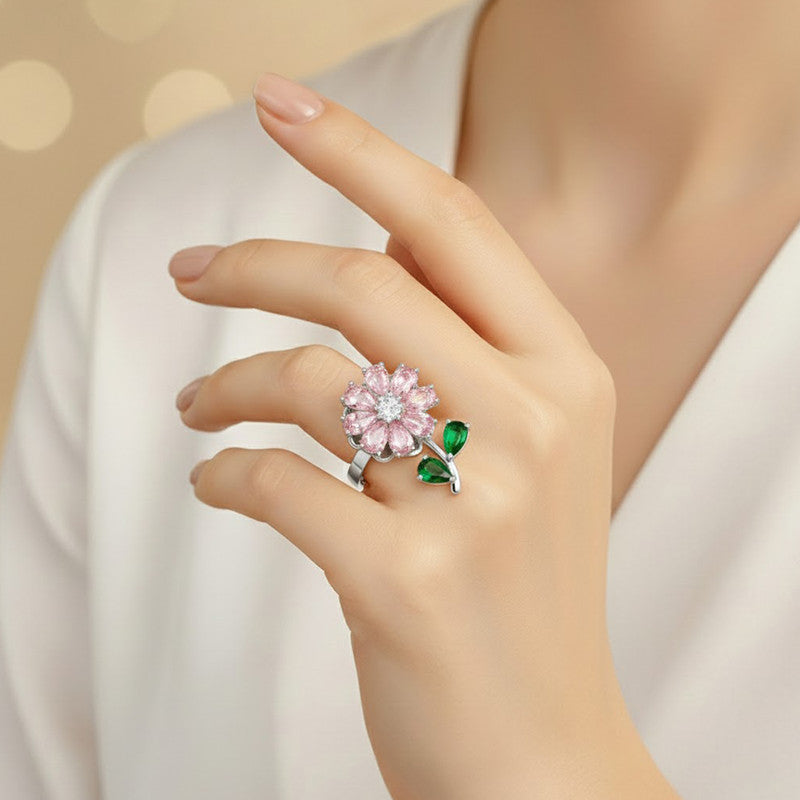 Silver Plated Floral Style Multicolor Rotatable Adjustable Ring