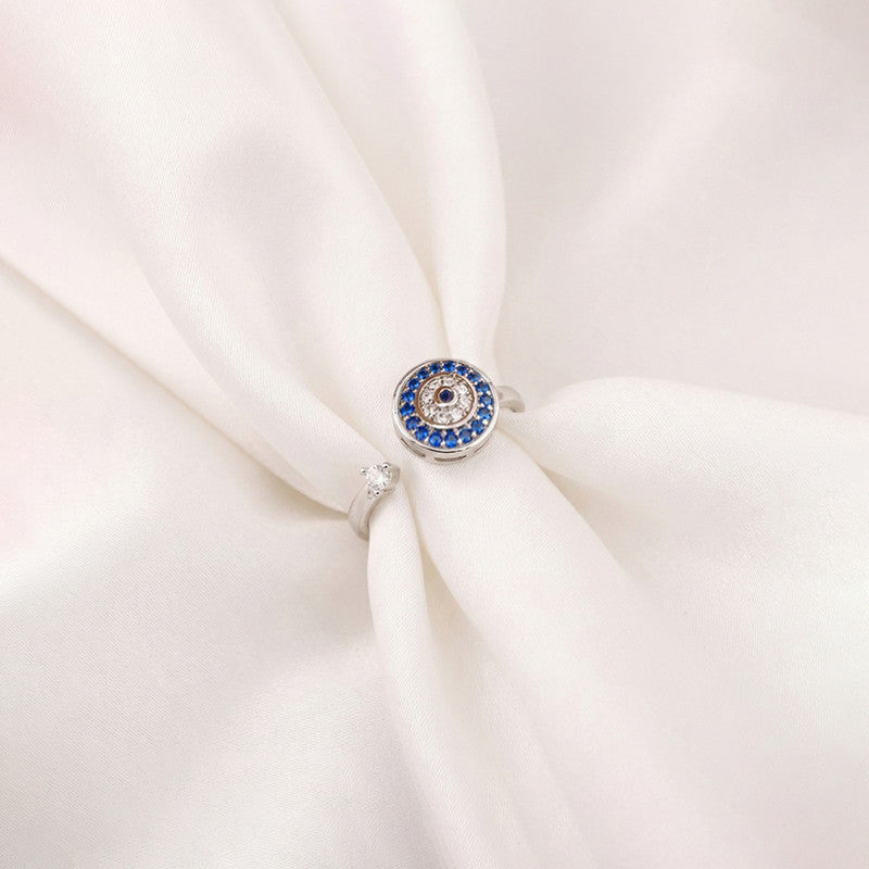 Silver Plated Multicolor Evil Eye Themed Rotatable Adjustable Ring