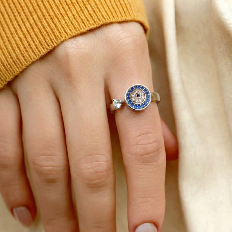 Silver Plated Multicolor Evil Eye Themed Rotatable Adjustable Ring