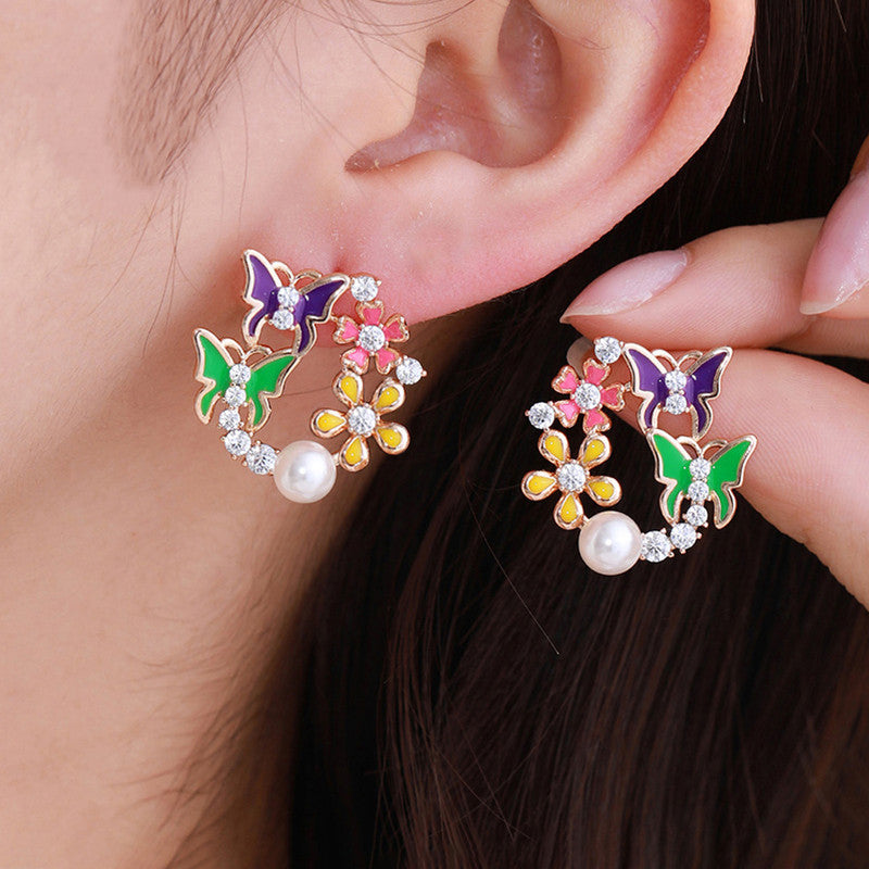 Xuping Jewelry Gold-Plated Butterfly Themed Multicolour AD Studded Hoop Earrings