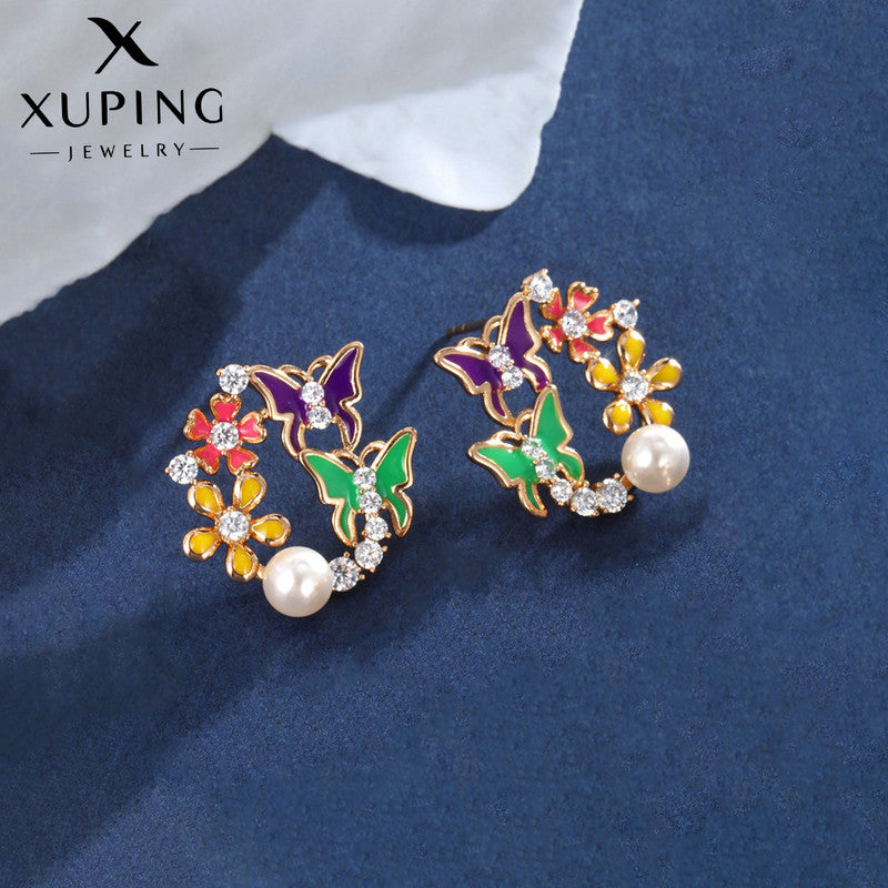 Xuping Jewelry Gold-Plated Butterfly Themed Multicolour AD Studded Hoop Earrings