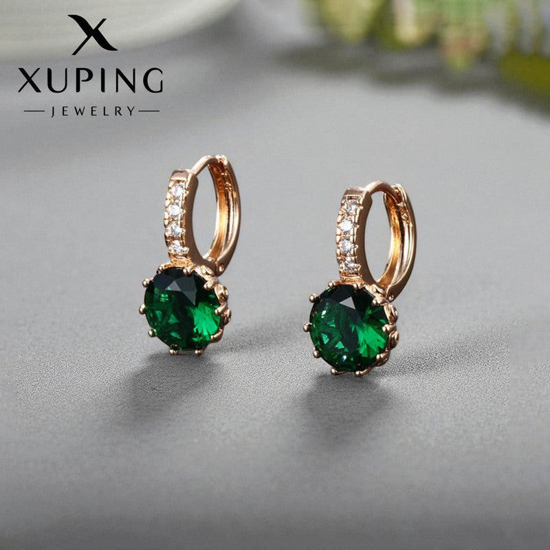 Xuping Jewelry Gold-Plated Green Geometric AD Studded Hoop Earrings