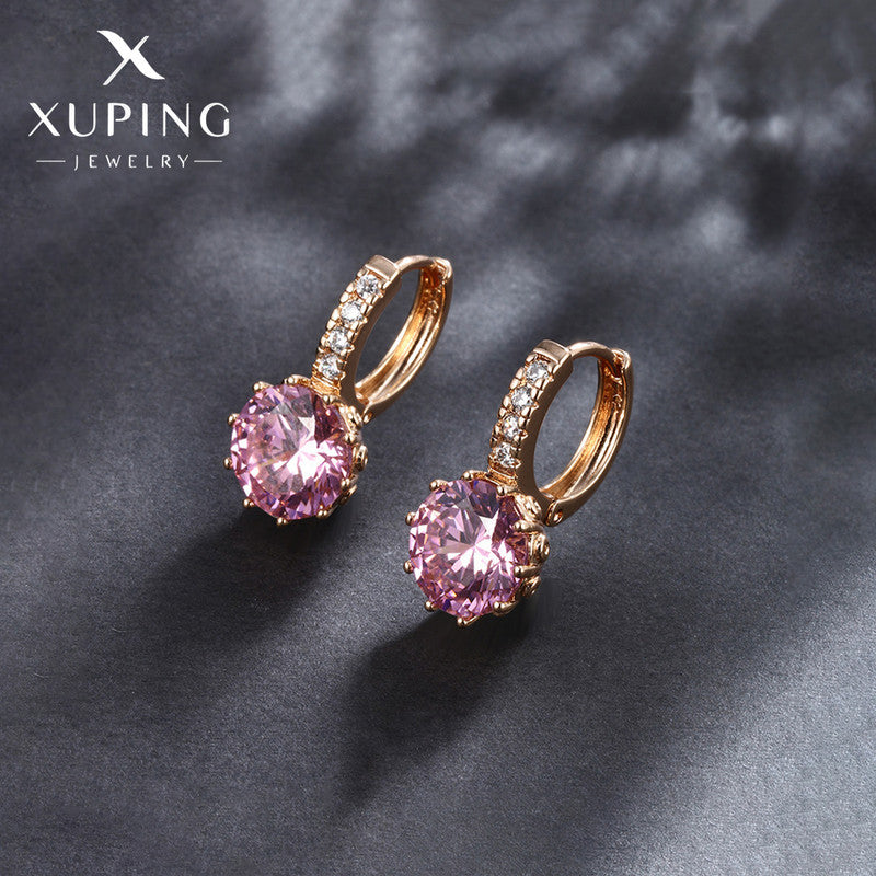 Xuping Jewelry Gold-Plated Pink Geometric AD Studded Hoop Earrings