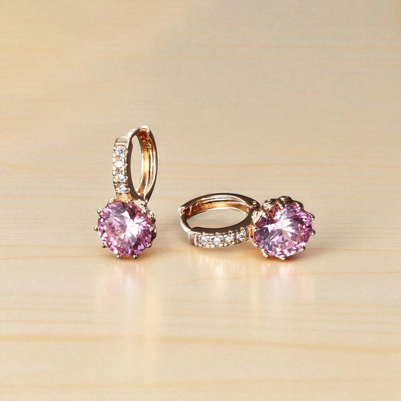 Xuping Jewelry Gold-Plated Pink Geometric AD Studded Hoop Earrings