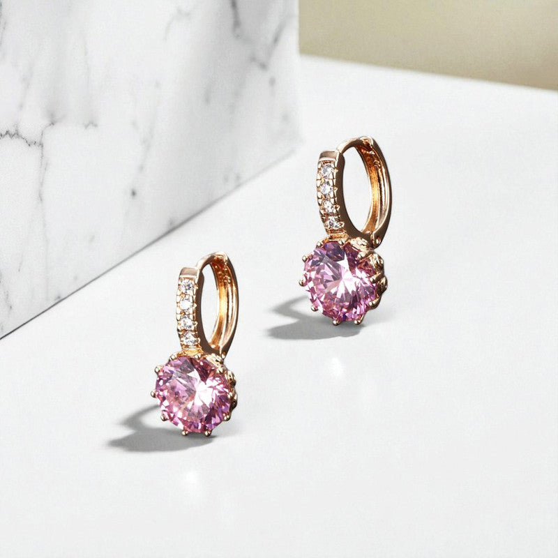 Xuping Jewelry Gold-Plated Pink Geometric AD Studded Hoop Earrings