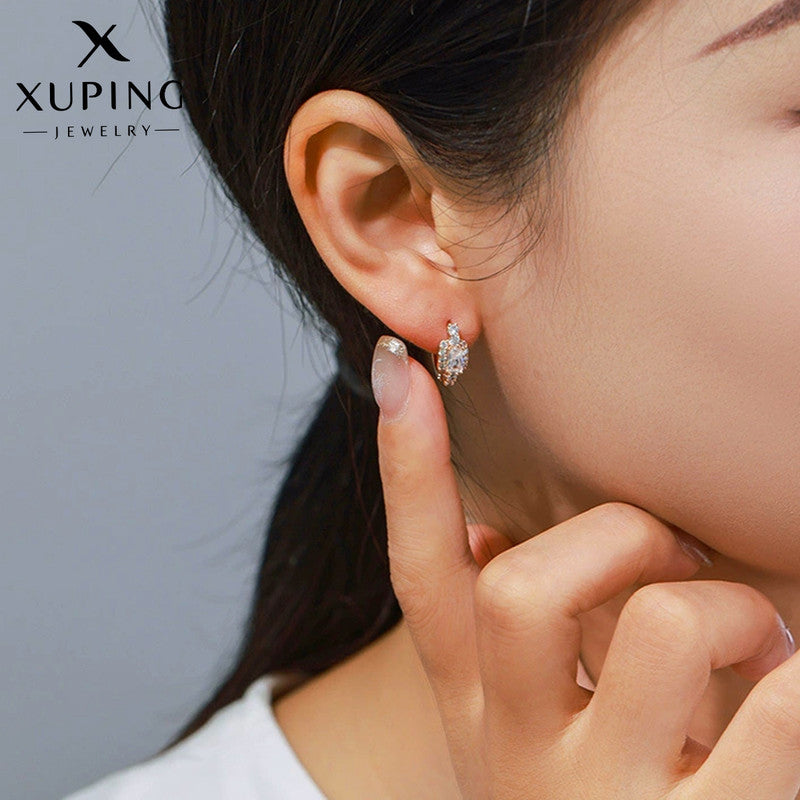 Xuping Jewelry Gold Plated Contemporary Geometric AD Studded Hoop Earrings