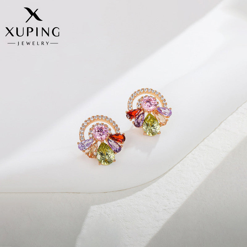 Xuping Jewelry Gold Plated Multicolour Geometric Cubic Zirconia Studded Stud Earrings