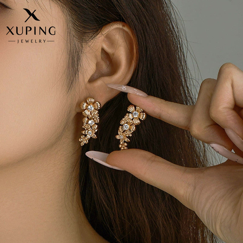 Xuping Jewelry Gold-Plated Gold Toned Contemporary AD Studded Floral Drop Earrings