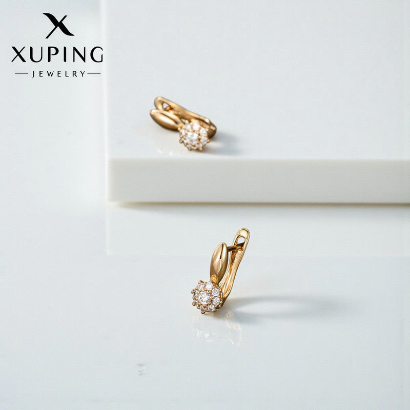 Xuping Jewelry Gold-Plated Gold Toned Contemporary Floral Shaped AD Studded Hoop Earrings