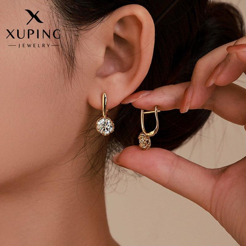 Xuping Jewelry Gold-Plated Gold Toned Contemporary Round Shaped AD Studded Hoop Earrings