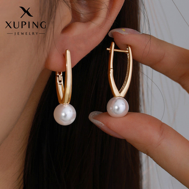 Xuping Jewelry Gold-Plated Gold Toned Pearl Studded Contemporary Hoop Earrings
