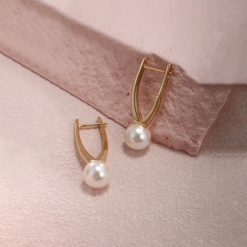 Xuping Jewelry Gold-Plated Gold Toned Pearl Studded Contemporary Hoop Earrings
