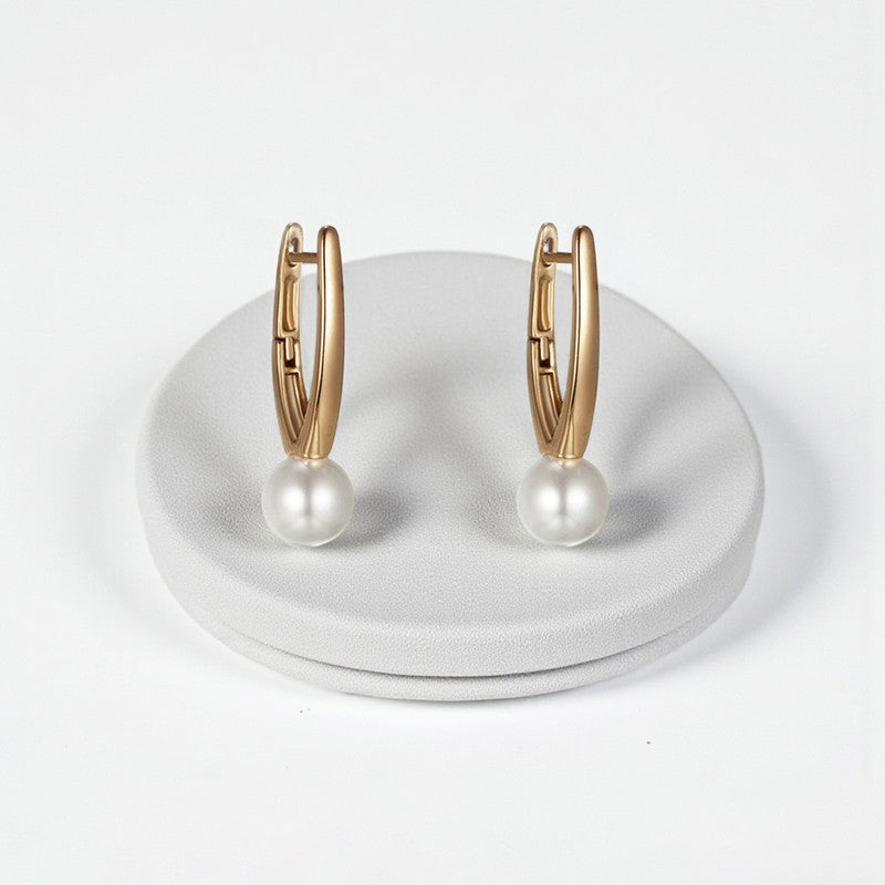 Xuping Jewelry Gold-Plated Gold Toned Pearl Studded Contemporary Hoop Earrings