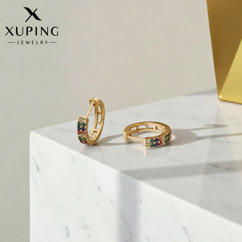 Xuping Jewelry Gold-Plated Gold Toned Multicolour AD Studded Contemporary Hoop Earrings