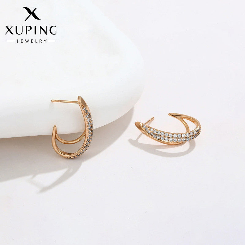 Xuping Jewelry Gold Plated Contemporary Moon Shaped AD Studded Half Hoop Earrings