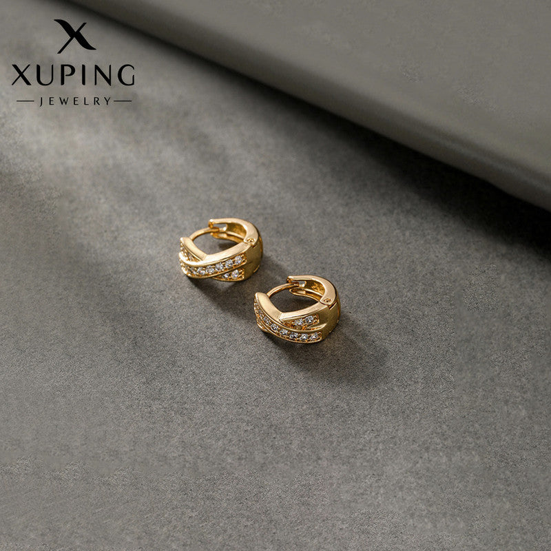 Xuping Jewelry Gold-Plated Gold Toned Cross Shaped AD Studded Contemporary Hoop Earrings