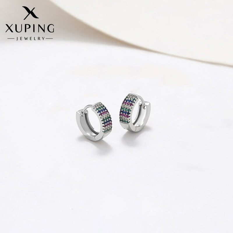 Xuping Jewelry Silver-Plated Multicolour Silver Toned AD Studded Contemporary Hoop Earrings