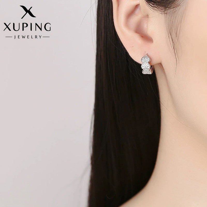 Xuping Jewelry Silver-Plated Silver Toned AD Studded Heart Themed Hoop Earrings