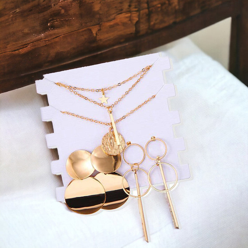 Limited Edition Set of 2 Gold Plated Drop Earrings and a Layered Necklace