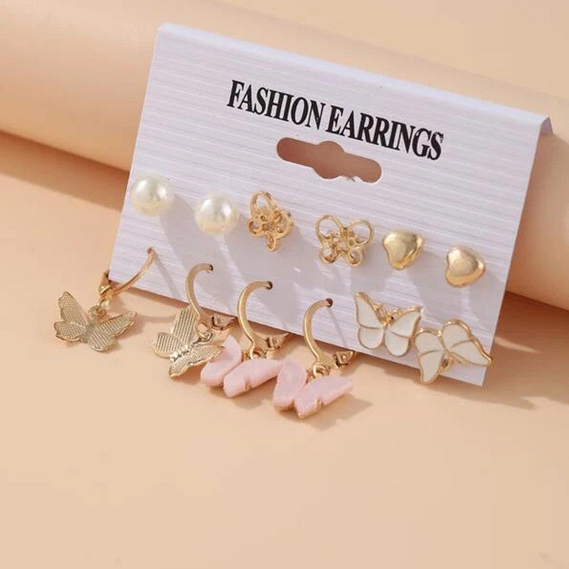 Gold-Toned and White Classic Studs and Hoop Earrings For Women