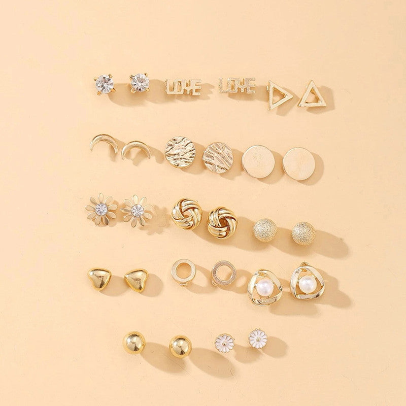 Gold Plated Stud Earrings Combo of 14 For Women