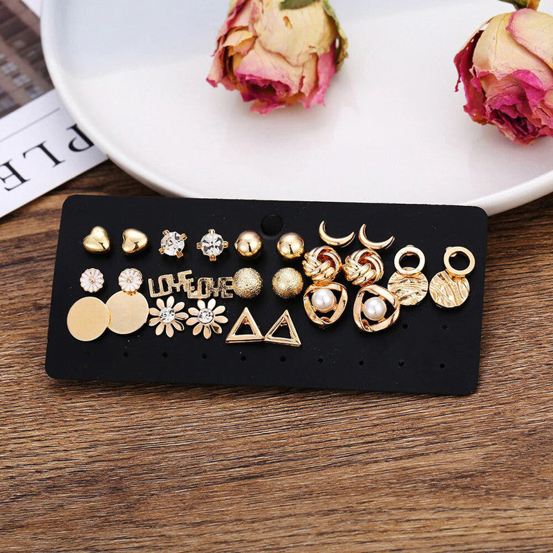 Gold Plated Stud Earrings Combo of 14 For Women