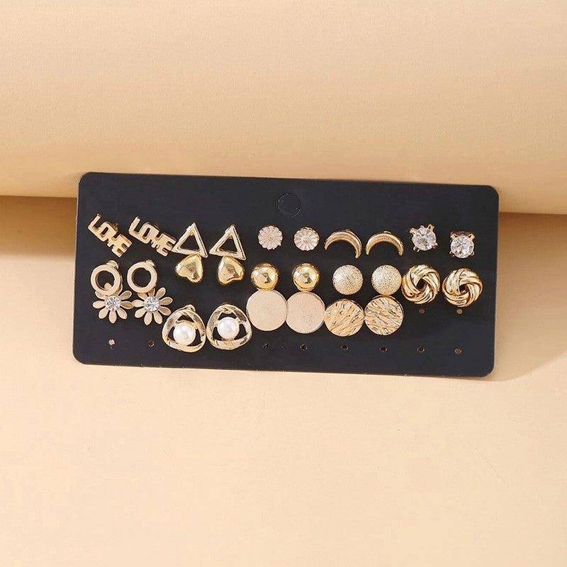 Gold Plated Stud Earrings Combo of 14 For Women