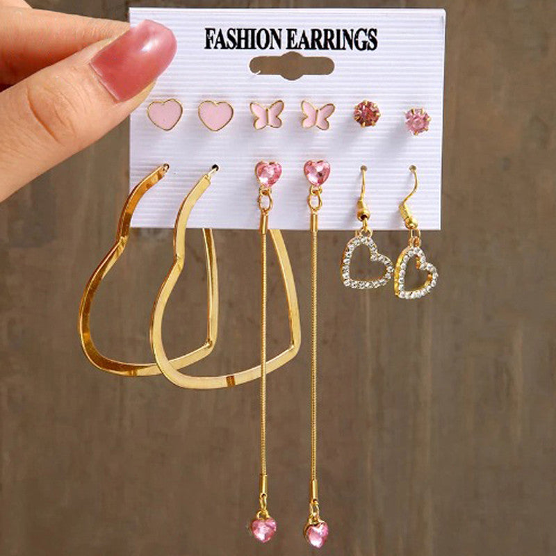 Gold Plated Heart inspired Pink and Gold Studs and Drop Earrings Combo of 6 For Women