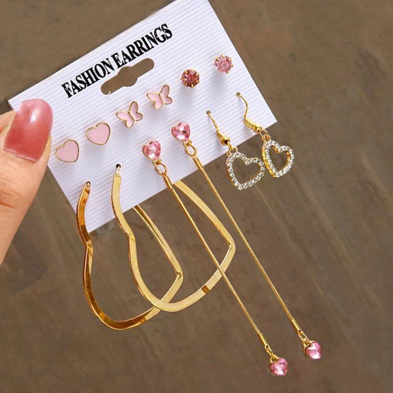 Gold Plated Heart inspired Pink and Gold Studs and Drop Earrings Combo of 6 For Women