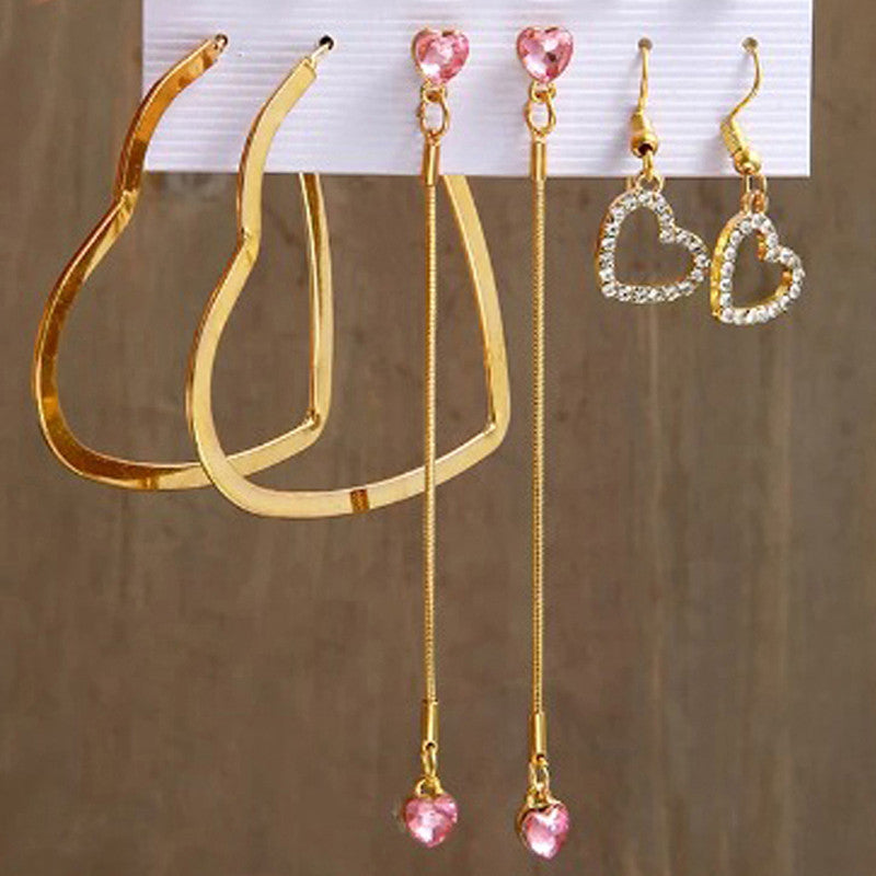 Gold Plated Heart inspired Pink and Gold Studs and Drop Earrings Combo of 6 For Women