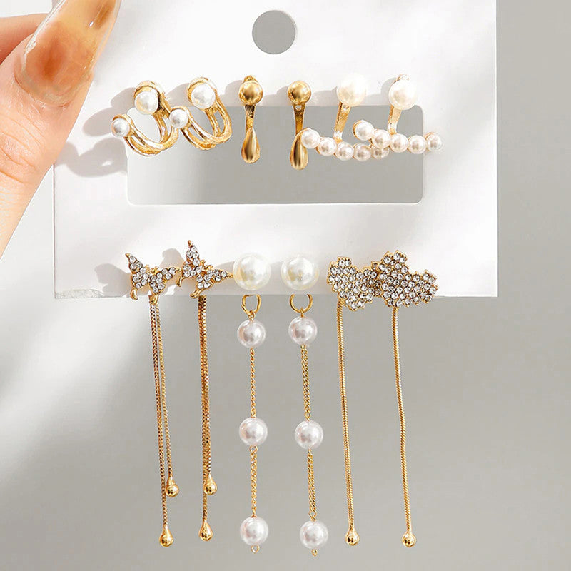 White And Gold-Toned Gold Plated Pearl Earrings Combo of 6 For Women