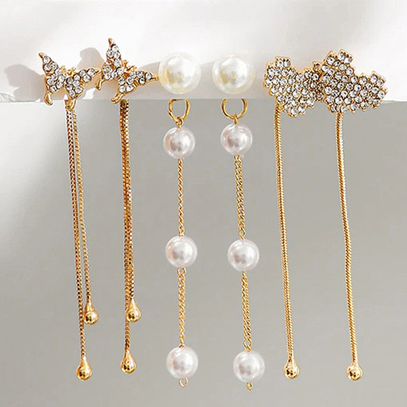 White And Gold-Toned Gold Plated Pearl Earrings Combo of 6 For Women