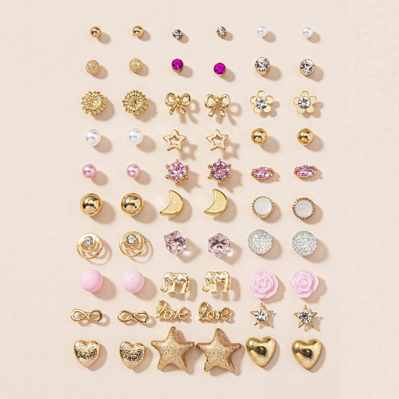 Gold Plated Gold-Pink Toned Studs Fashionable Earrings Combo of 30 For Women