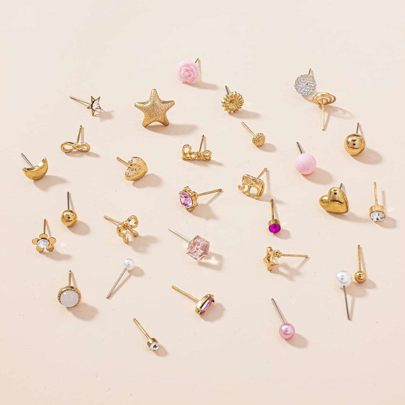 Gold Plated Gold-Pink Toned Studs Fashionable Earrings Combo of 30 For Women