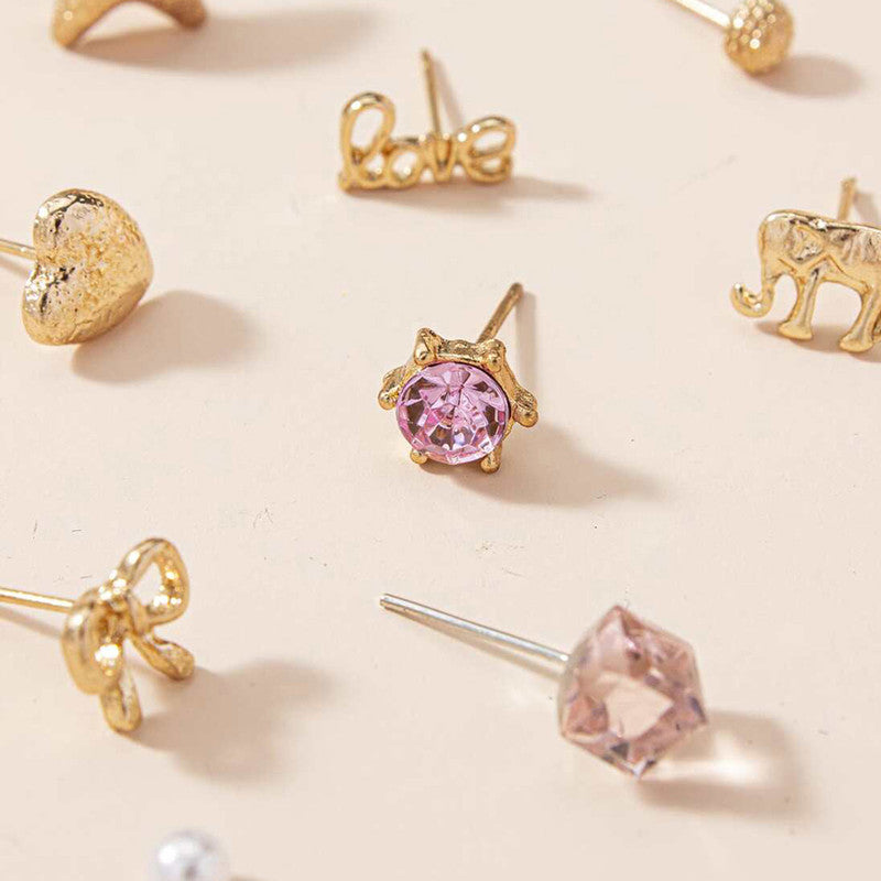 Gold Plated Gold-Pink Toned Studs Fashionable Earrings Combo of 30 For Women