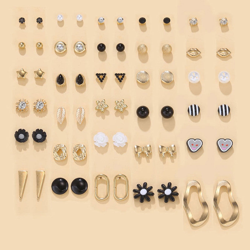 Gold Plated Gold-Black Toned Studs Fashionable Earrings Combo of 30 For Women