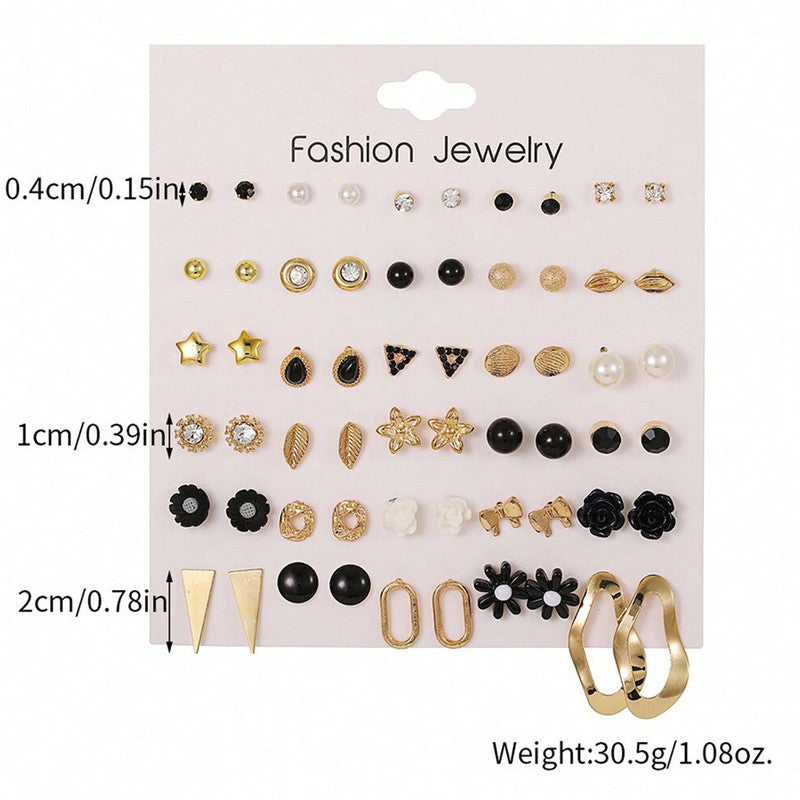 Gold Plated Gold-Black Toned Studs Fashionable Earrings Combo of 30 For Women