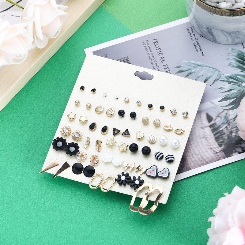 Gold Plated Gold-Black Toned Studs Fashionable Earrings Combo of 30 For Women