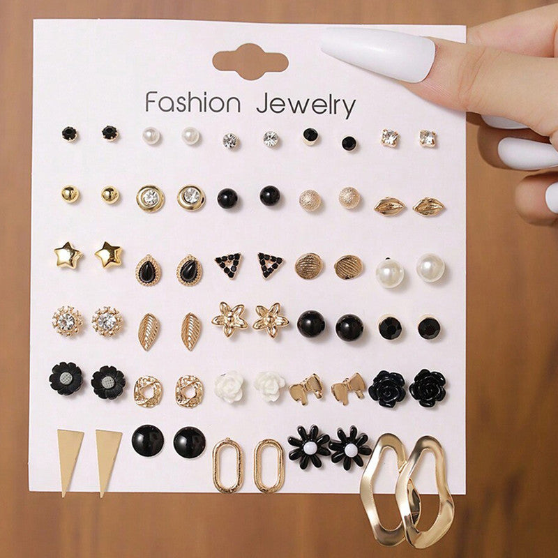 Gold Plated Gold-Black Toned Studs Fashionable Earrings Combo of 30 For Women