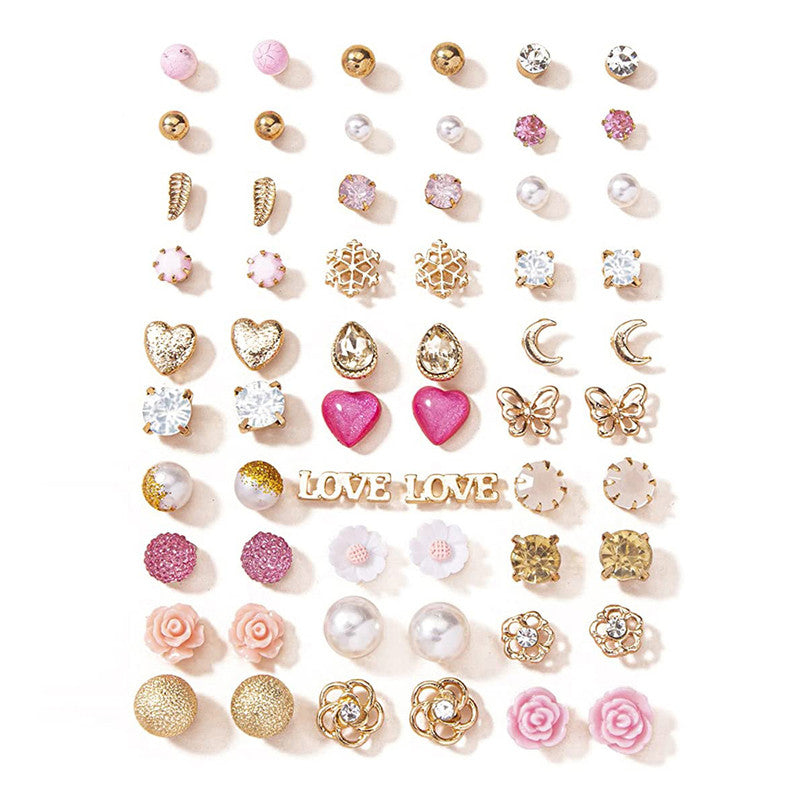 Gold Plated Gold-Pink Toned Studs Fashionable Earrings Combo of 30 For Women