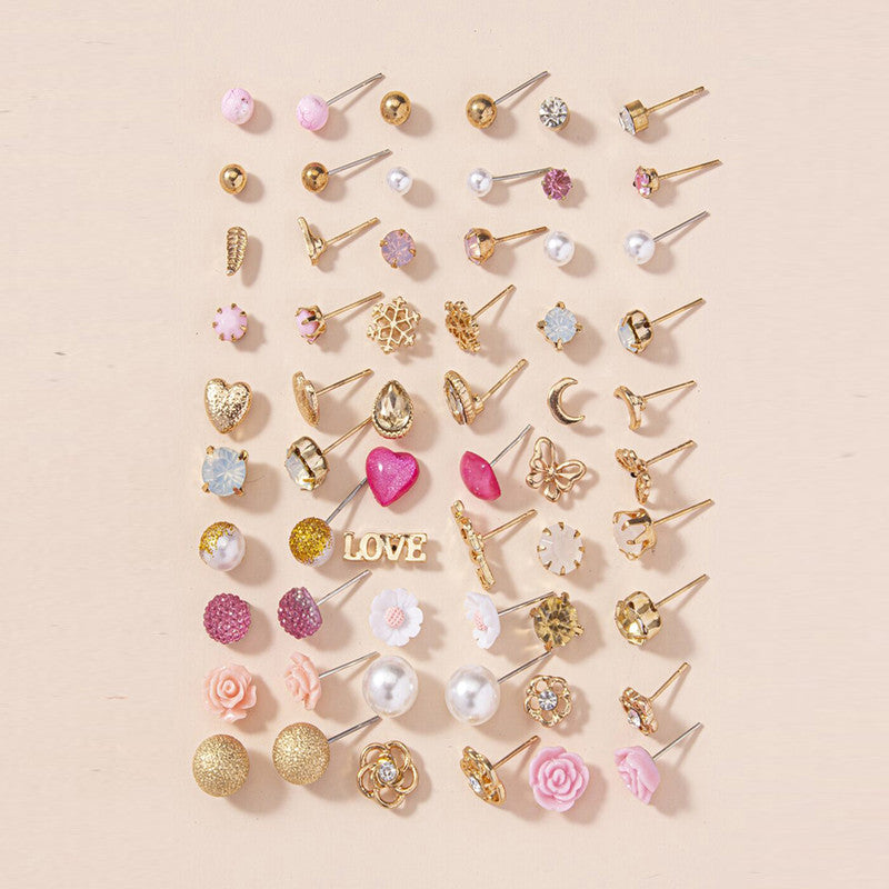 Gold Plated Gold-Pink Toned Studs Fashionable Earrings Combo of 30 For Women