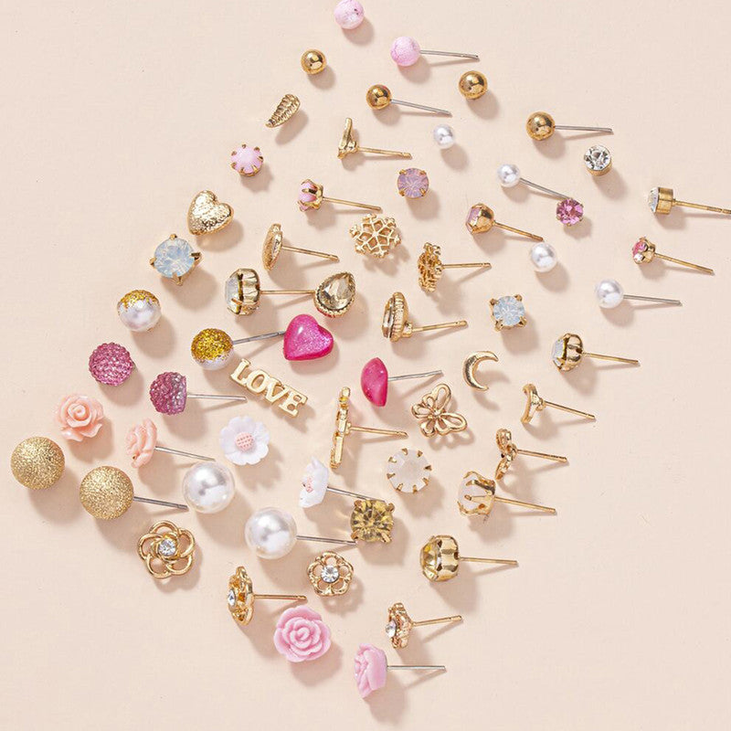 Gold Plated Gold-Pink Toned Studs Fashionable Earrings Combo of 30 For Women