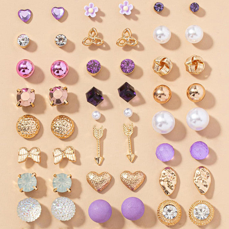 Gold Plated Multicolour Studs Quirky Earrings Combo of 30 For Women