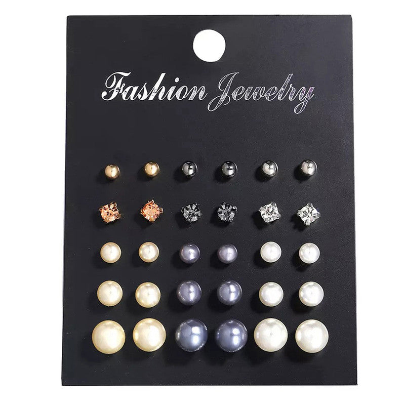 Gold Plated Multicolour Stud Earrings Set of 15 For Women