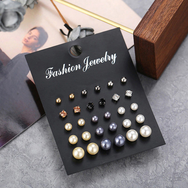 Gold Plated Multicolour Stud Earrings Set of 15 For Women