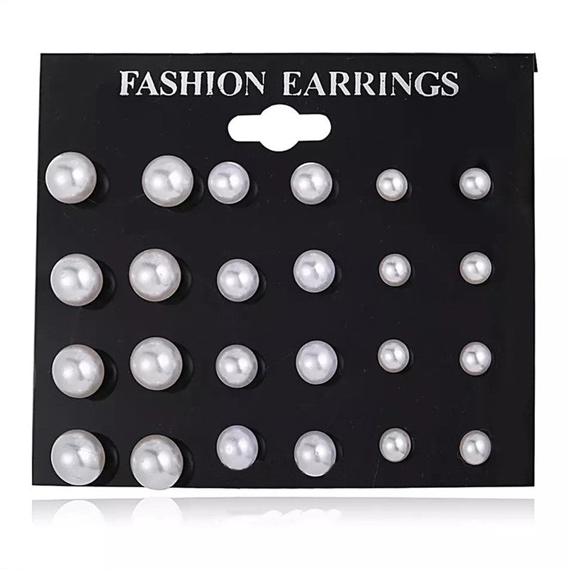 Silver Plated White Stud Earrings Set of 12 For Women