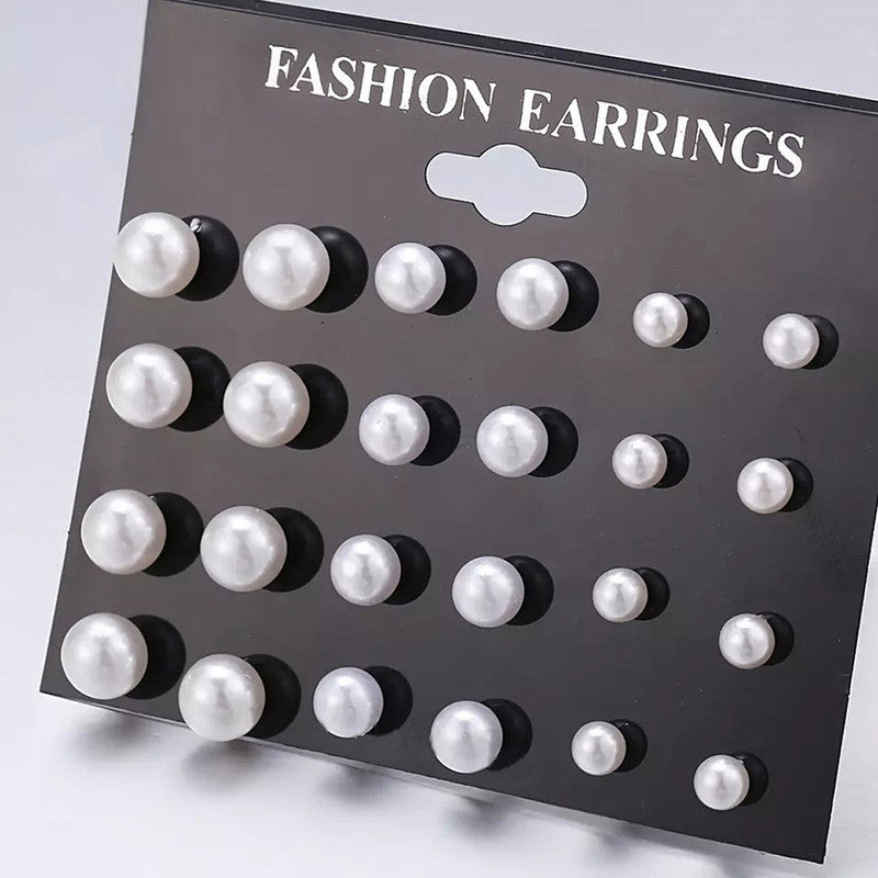 Silver Plated White Stud Earrings Set of 12 For Women